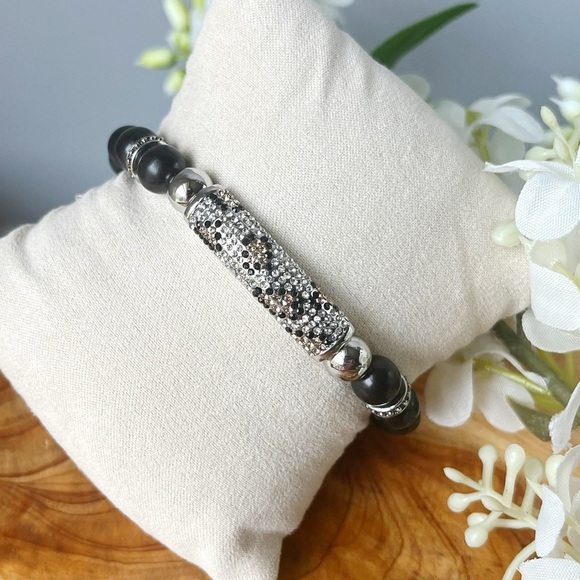Park Lane Jewelry - Park Lane Leo Black Beaded Stretch Bracelet, Silver Pavé, March Sparkle Box, New